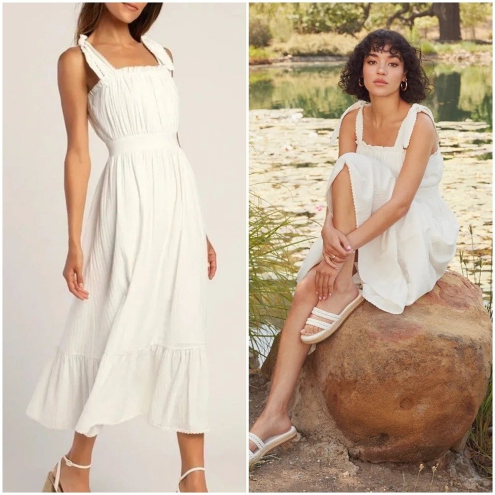 Lulus Maxi Dress White Cotton Ruffle Ruched Tiered Empire Waist Ethereal Prairie